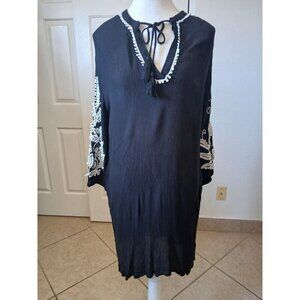 Chico's Womens Dress Size Medium Eyelet Sleeve Black‎ Pockets Embroidered Tassel